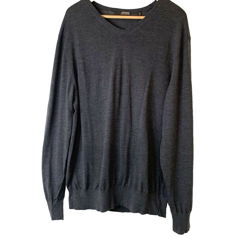 Murano V-Neck Sweater 100% Extra Fine Merino Wool Mens XL Heather Gray Preppy